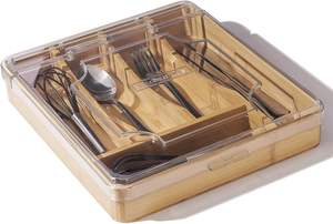 Organisateur de tiroir en bambou de 13 pouces avec couvercle, plateau à 5 compartiments pour couverts et ustensiles de cuisine - Product Image 5