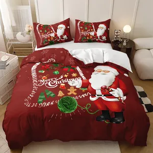 圣诞羽绒被套圣诞老人轻松护理圣诞床上用品配驯鹿雪橇白色雪人绿色圣诞树蓝色被子床