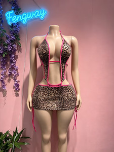 2026 Women Leopard Printed 2 Piece Set Halter Bodysuit Tops + Side Lace up Mini Skirt Night <strong>Club</strong> <strong>Sexy</strong> Wear <strong>Outfits</strong> - Product Image 1