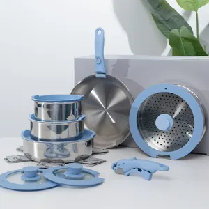 取り外し可能なハンドル調理器具セット付きの青い取り外し可能なハンドル鍋とフライパン