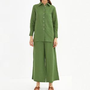 Conjunto de Dos Piezas para Mujer, Camisa Holgada con Botones y Pantalones Anchos de Lino, Ropa Casual a la Moda - Product Image 1