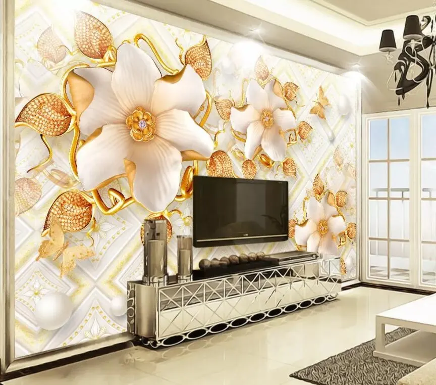 ZHIHAI luxury golden jewels flowers soft pack jewelry TV background wall 3d design wallpaper