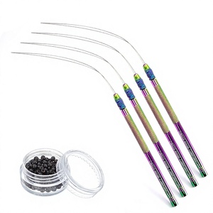 Outil professionnel pour extensions capillaires de salon : aiguille enfileuse pour micro-anneaux et perles, applicateur avec manche en acier inoxydable et fil de fer pour extensions de cheveux - Product Image 1
