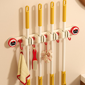 Sliding Suction Cup <b>Mop</b> Holder Wall Mounted With Hooks For Bathroom <b>Cleaning</b> Supplies Storage Rack Detachable PP Material - Product Image 2