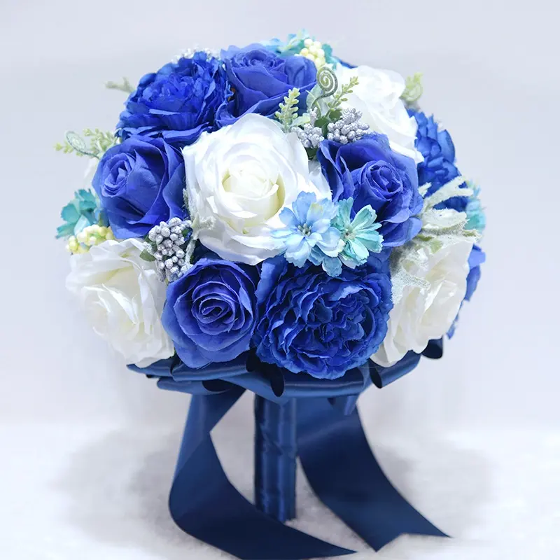 Bouquet de roses artificielles, fleurs en soie bleue, Bouquet pour mariée, demoiselle d'honneur, Bouquet de mariage