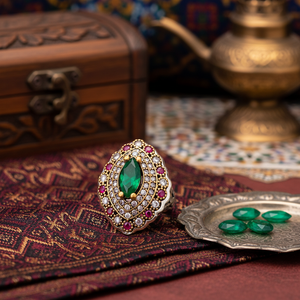 Marquise <b>Emerald</b> CZ Authentic Ottoman Ethnic Design Wholesale Handcrafted Authentic <b>Silver</b> <b>Ring</b> - Product Image 3