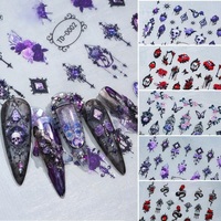 Autocollants 5D en relief pour ongles, thème Halloween gothique, rose sombre, crâne rouge, serpent, sang, cage à oiseaux, autocollants adhésifs pour manucure