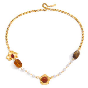 Collar de resina retro de diseño, joyería de acero inoxidable, forma geométrica de planta, elemento de perla, regalo para mujer - Product Image 5