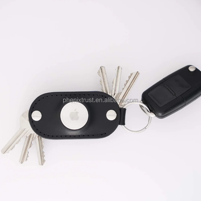 Leather Key Holder with Smart Tracker Slot, Anti-Lost Round Bluetooth Locator Protective with Metal Key Ring for House Car Keys