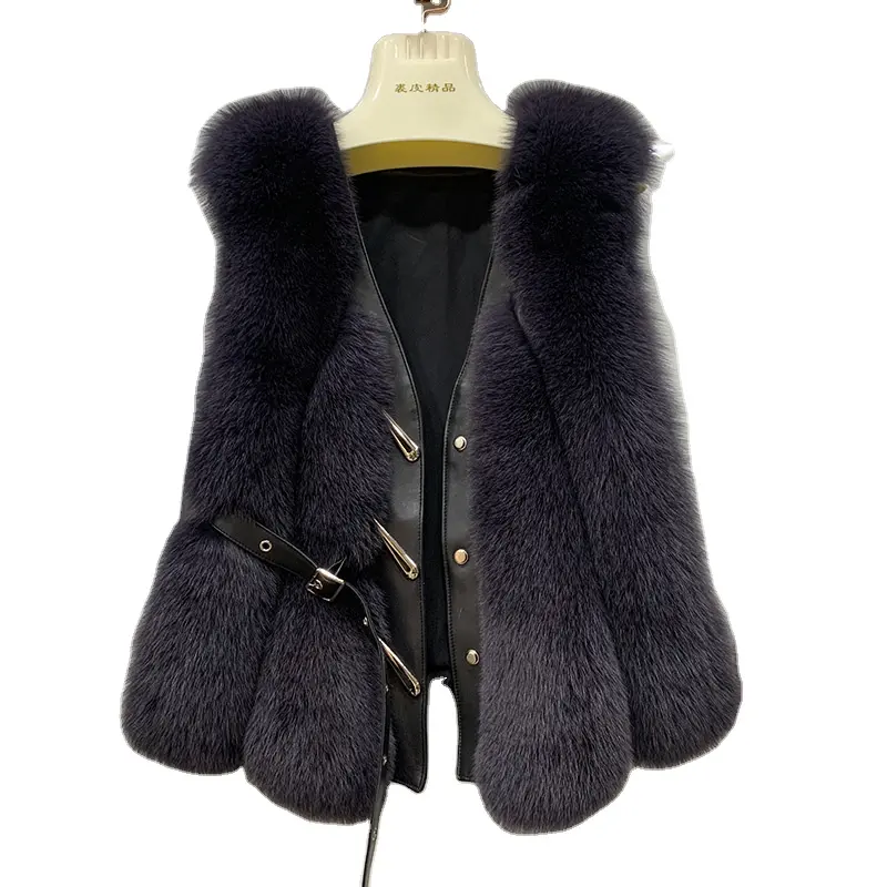 2021 High Quality Customized Leather Belted Fluffy Fur Gilet Luxury Winter Real Fox Fur Vest Women