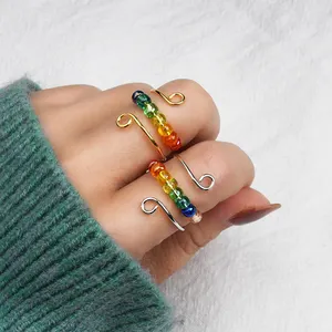 To My Daughter Rainbow Beads Fidget Ring,Drive Away Anxiety Ring,Sterling Silver Adjustable Ring For Birthday/Christmas Gift