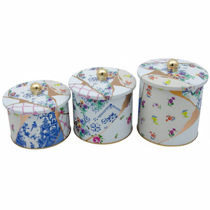 ชุดกระป๋องโลหะทรงกลมขนาดเส้นผ่านศูนย์กลาง140มม. (3ชิ้น) kintsugi ดอกไม้เส้นสีทองดีไซน์แบบ kintsugi - Product Image 2