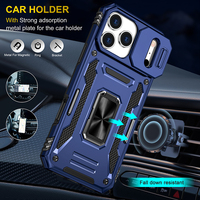 Coque robuste double couche avec béquille annulaire pour iPhone 16 Pro Max avec fenêtre coulissante de protection de la caméra