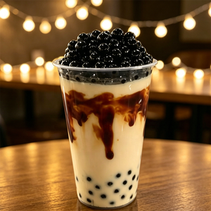 แก้วพลาสติก GREASOURCE รุ่นรักษ์โลก ขนาด 500 มล. ลายคาราเมล สำหรับชานมไข่มุก ขนาด 90 มม. ลายเครป พร้อมไข่มุกสีดำ สำหรับร้านกาแฟและของหวาน - Product Image 1