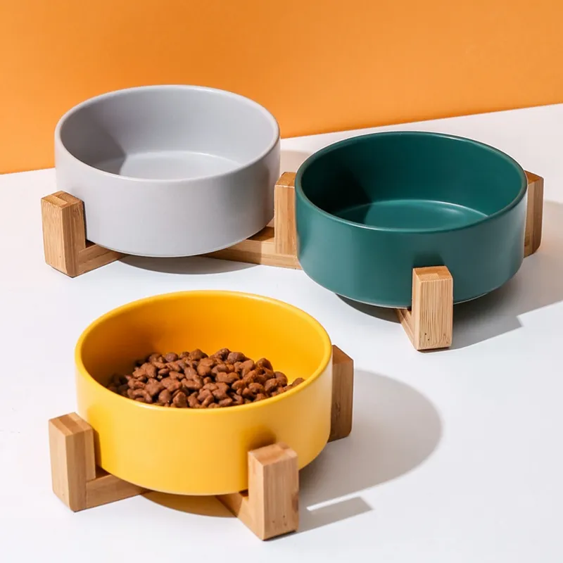Керамическая круглая миска для собак и кошек, прочная керамическая миска для еды с подъемом воды, миска для кормления собак и питомцев с деревянной подставкой