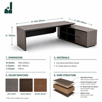 Bureau de direction moderne de luxe en forme de L, placage en bois d'ébène gris avec armoire latérale et pieds robustes en angle droit pour bureau d'entreprise
