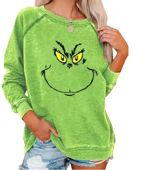 2022 Fashion Cartoon Print Lange Mouwen Glanzende Groene T-shirts Voor Vrouwen Kerst Gebreide T Shirts Kleding Groothandel