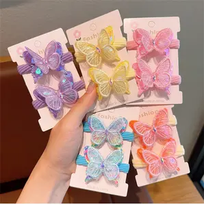 2 PCS/SET Korean Style Butterfly Headband Children's High Ponytail Scrunchies Hair Ties Elastic Hair Band Rubber For Women Girls