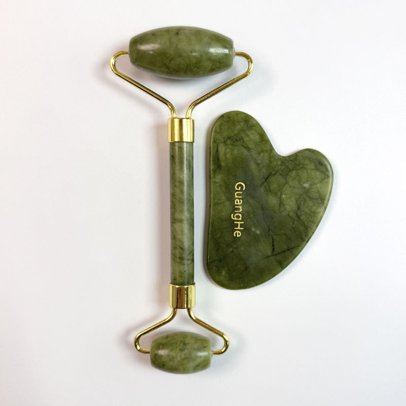 Лидер продаж, Нефритовый ролик для лица и Gua Sha, набор с логотипом 100%, натуральный Нефритовый камень, Нефритовый ролик, массажер для лица