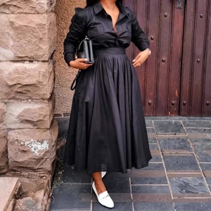 Women's Long-Sleeve Collared Shirt With African-Inspired Elegance, High-Waisted Pleated Skirt, Casual 2-Piece <b>Set</b> Fashion - Product Image 6