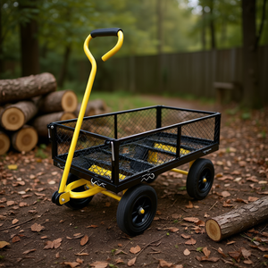 Brouette robuste noire et jaune à 4 roues avec plateau métallique pour le transport manuel de bois de chauffage de jardin - Product Image 2