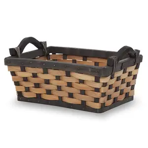 Panier de rangement en bois tissé rectangulaire à garniture noire avec poignées latérales