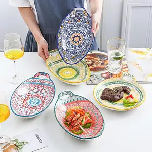 Jiuwang Phong Cách Bohemian phổ biến padprinting gốm Vòng nướng món ăn bakeware với đôi xử lý