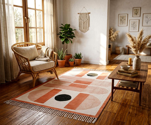 Alfombra de Algodón Tradicional Hecha a Mano con Bloques de Color, Estampado Geométrico, Tejido Plano, Estilo Bohemio, Antideslizante, Ecológica, Delgada, Suave para el Hogar - Product Image 4