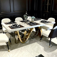 Table à manger en marbre de luxe, mobilier moderne, pieds en acier inoxydable doré, ensemble salle à manger