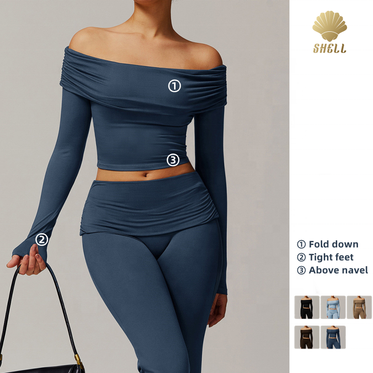 CNSHELL Off Shoulder Pleated Fold Neck Gym Sports T-Shirt Long Sleeve Yoga Tops Cropped Slim Active Wear for Women