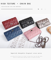 Dompet panjang wanita, dompet kulit domba asli tipe panjang kapasitas besar untuk ponsel rantai bahu pola berlian dompet panjang kulit