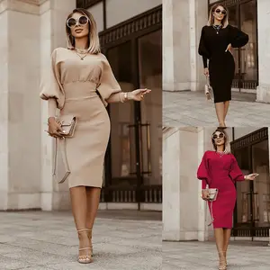 Roupas das mulheres senhoras senhora elegante temperamento vestidos escritório balão sólido manga cinched cintura passo saia mulheres bodycon vestido