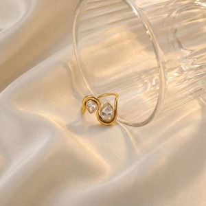 Bague haut de gamme plaquée or 18 carats avec double goutte d'eau en zircon, lignes ondulées, acier inoxydable, tendance, simple, étanche, bijoux pour femmes - Product Image 5