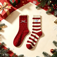 Chaussettes de Noël pour femmes, rayées rouge et blanc, avec nœud brodé, à pois, en coton, mi-mollet, cadeau de Noël
