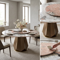 Table à manger ronde avec plateau en marbre rose Pandora, base géométrique dorée, mobilier moderne de luxe pour salon