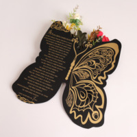 Invitación de boda personalizada acrílica con espejo negro en forma de mariposa de lujo Tarjeta de menú de agradecimiento con lámina de oro