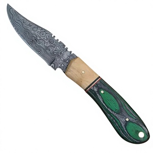 Cuchillo de caza de acero de Damasco con hoja fija, punta caída, mango verde, para supervivencia al aire libre, con funda de cuero - Product Image 3