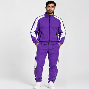 INDEX Men's Purple <b>Tracksuit</b> Full Zip Sporty Style With <b>White</b> Stripes Regular Fit Autumn Wear Breathable Polyester - Product Image 1