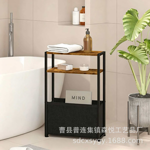 Solid Wood And Iron Side Table 3 Tier With Storage Basket For Living Room <b>Sofa</b> Gap Bedroom Narrow Shelf - Product Image 2