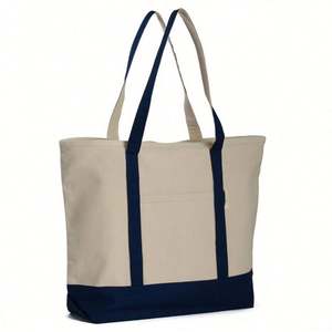 Eco Friendly Hot Premium Shopping Beach Yoga Multi-Pocket Heavy Duty Canvas Navy Red Cotton Tote Bag With Pocket - Product Image 1