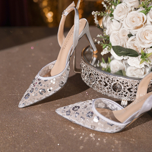 Sandales à talon fin confortables pour femme, couleur champagne argenté, avec bride arrière sexy, idéales pour les soirées, ornées de fleurs scintillantes de 8 cm - Product Image 5