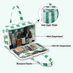 Sac cosmétique en PVC rayé vert et blanc, capacité moyenne, fermeture à glissière, poignée souple, style moderne, résistant à l'eau - Product Image 2