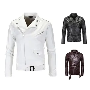 Mens White Leather Jackets with Classic Lapel Asymmetric and Buckle Men Windproof Outer Wear Tops Slim Fit Faux Leather Jacket