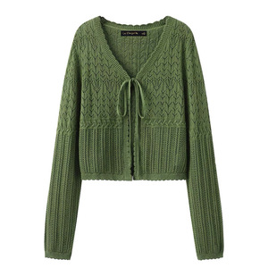 La Chouette Women's Green Knitted Two-Piece Set V-Neck <b>Cardigan</b> And Camisole <b>Spring</b> 2025 Loose Fit Anti-Pilling - Product Image 2