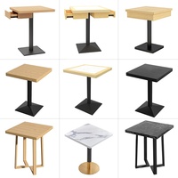 Table de café commerciale moderne avec plateau en marbre et bois, base en piédestal noir, table de bistrot carrée/ronde pour restaurant, café, décoration