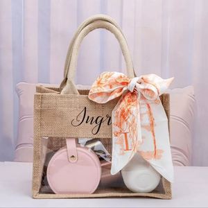 Personalized Logo Large Capacity Jute <b>Tote</b> Beach <b>Bag</b> with Transparent Window Reusable <b>Bridesmaid</b> <b>Bags</b> for Gift or Daily Shopping - Product Image 1