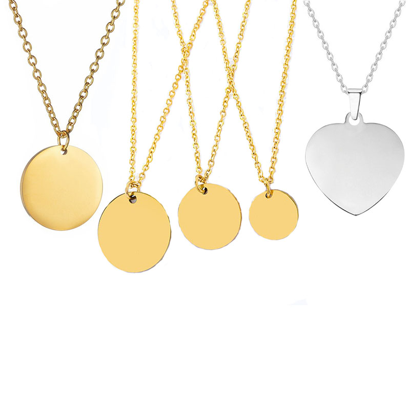 Stainless Steel Necklace Blank Disk Circular Heart Round Pendant Unisex Couple Chain High Quality Engraved Name Letter Logo Gift