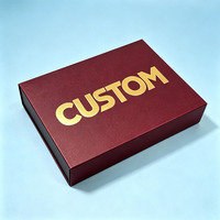Boîte cadeau magnétique pliable en papier bordeaux avec impression dorée de luxe, logo personnalisé, couvercle rabattable rigide, matériaux recyclés