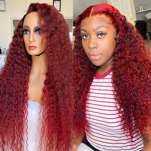Parrucche per capelli umani anteriori <span class=keywords><strong>in</strong></span> pizzo colorato 99J parrucca frontale <span class=keywords><strong>in</strong></span> pizzo trasparente 13X4 bordeaux riccia profonda parrucca rossa vino Glueless per donna - Product Image 2