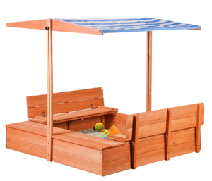 Caja de Arena de Madera para Niños con Dos Asientos y Toldo, Cubierta Plegable para Caja de Arena, para Todas las Estaciones - Product Image 1